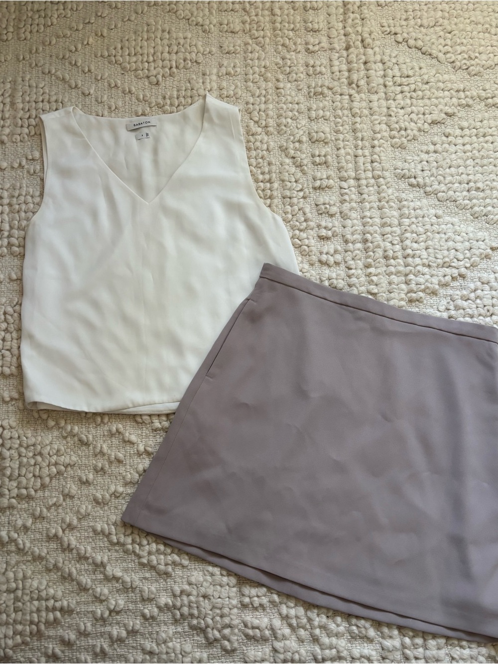 Wilfred White V-Neck Top with Taupe Mini Skirt
